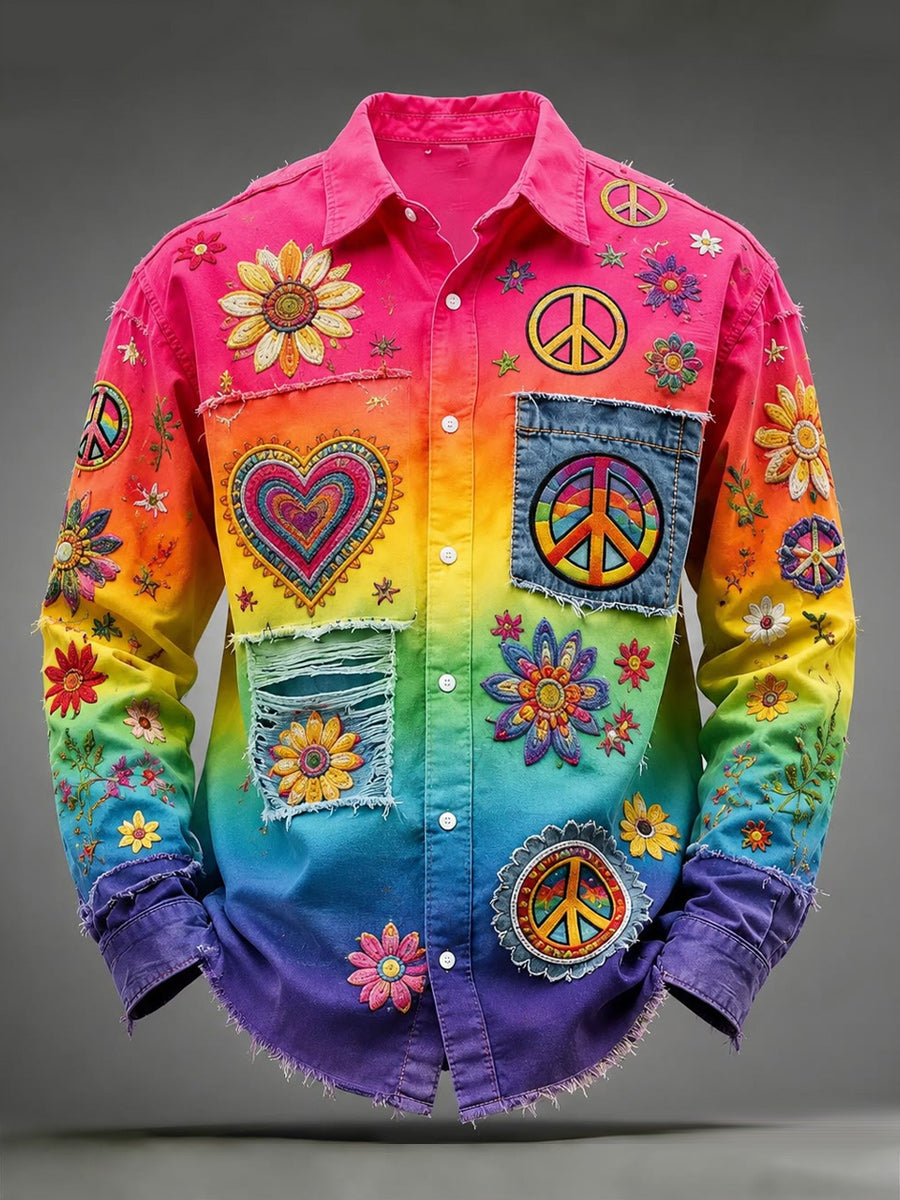 Retro Pride Month Rainbow Art Print Cotton Vintage Casual Cotton Long Sleeve Shirt
